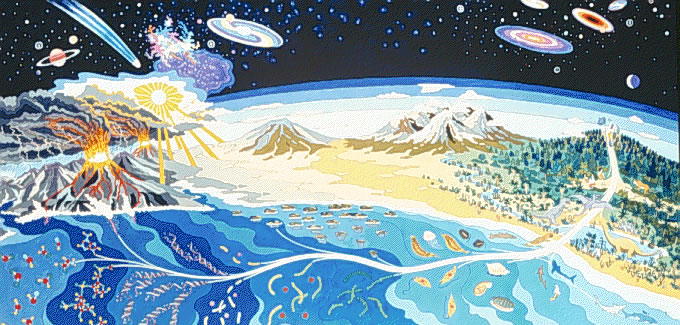 Painting of the history of life on Earth. Mural at NASA Ames research centre.